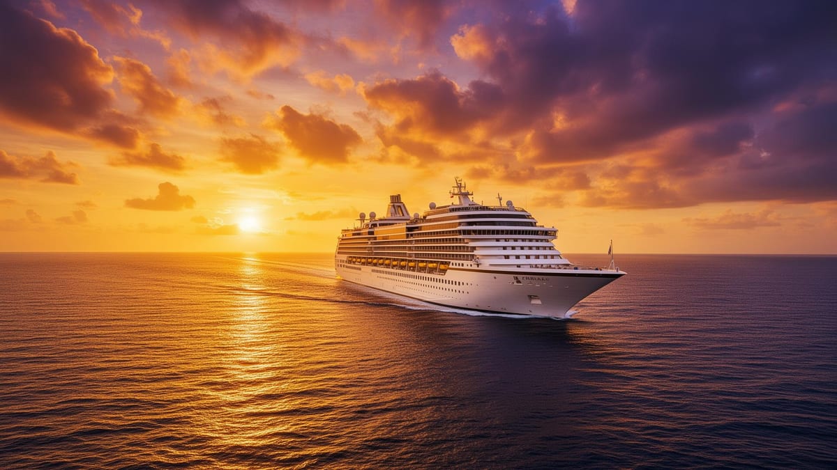 Kreuzfahrtschiff bei Sonnenuntergang auf dem offenen Meer