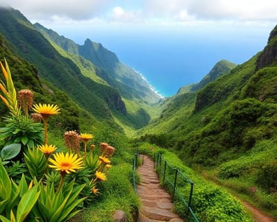 Grüne Berglandschaft auf Madeira mit Wanderweg