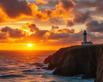 Atlantik-Sonnenuntergang mit Leuchtturm an der Steilküste