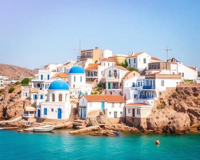 Griechische Küstenstadt mit blauen Kuppeln am Mittelmeer