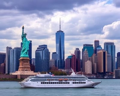 New York Skyline mit Freiheitsstatue und Kreuzfahrtschiff