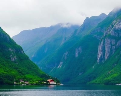 Norwegischer Fjord mit grünen Bergen