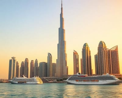 Dubai Skyline mit Kreuzfahrtschiff im Hafen